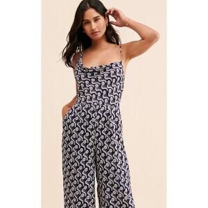 Anthropologie Cowl Neck Printed Wide Leg Jumpsuit Boho Coastal Chic size 4 Tall